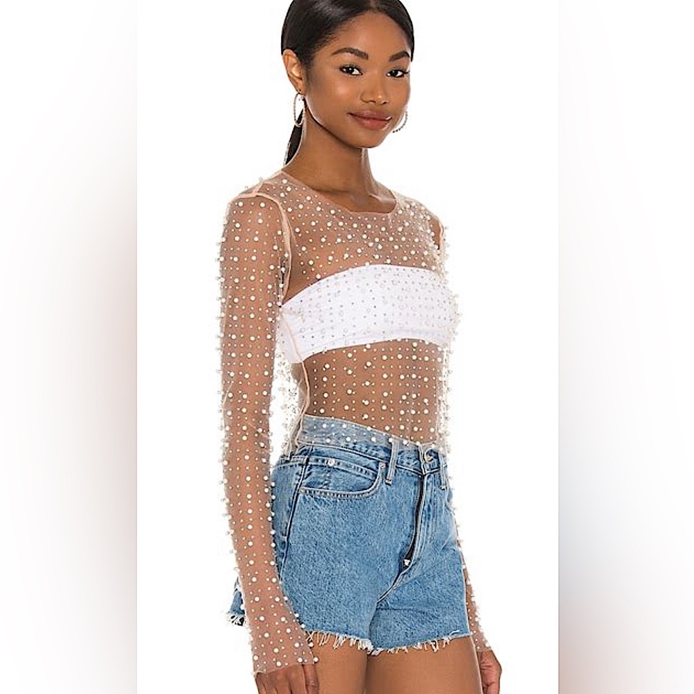 NWT Beach Bunny Look and Glisten Pearl Mesh Top in Nude